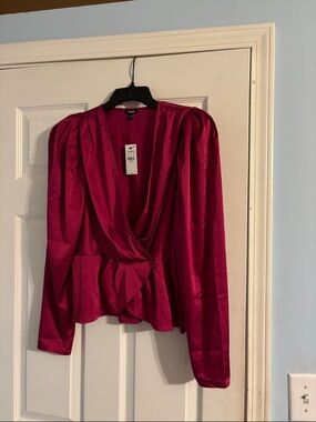 Magenta Satin Wrap Peplum Blouse